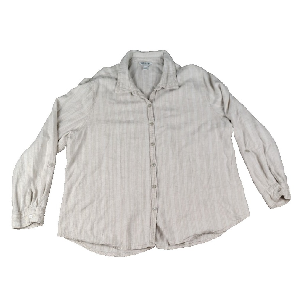 Orvis Women's XXL Shirt Button Front Top Linen Blend Beige Striped Long Sleeve